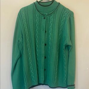 Green Cable Knit Cardigan with sleeveless sweater vintage made in USA